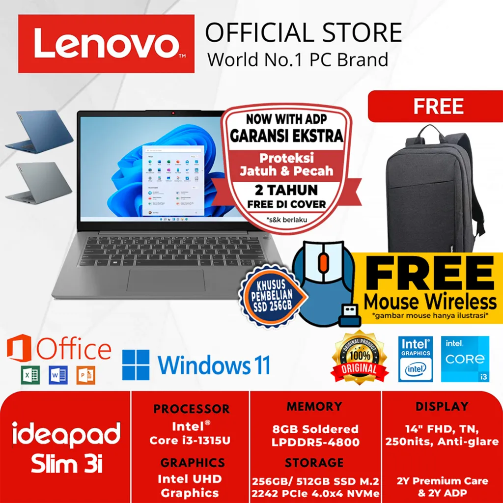 LENOVO IDEAPAD SLIM 3i 14IRU8 6CID 6DID 6EID 6FID INTEL CORE i3-1315U 8GB 512GB WIN 11 HOME + OFFICE HOME 2024 + M 365 1 YEAR