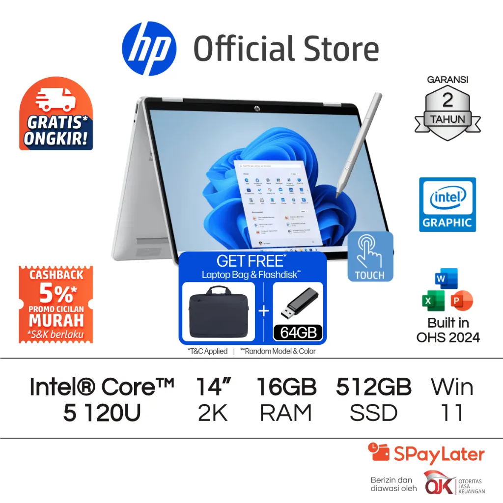 Laptop HP Pavilion x360 2 in 1 - OmniBook 5 Flip [NEW] Intel Core 5 Intel Graphics 16GB RAM 512GB SSD Touchscreen Silver / Gold / Blue Windows 11 Home 14 Inch Garansi 2 Tahun Promo Murah Gratis Ongkir Official Non Second
