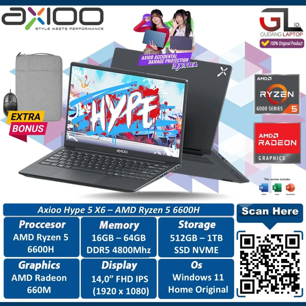 Laptop Axioo Hype 5 X6 Ryzen 5 6600H 64GB 1TB SSD 14.0 FHD IPS Windows 11 Home