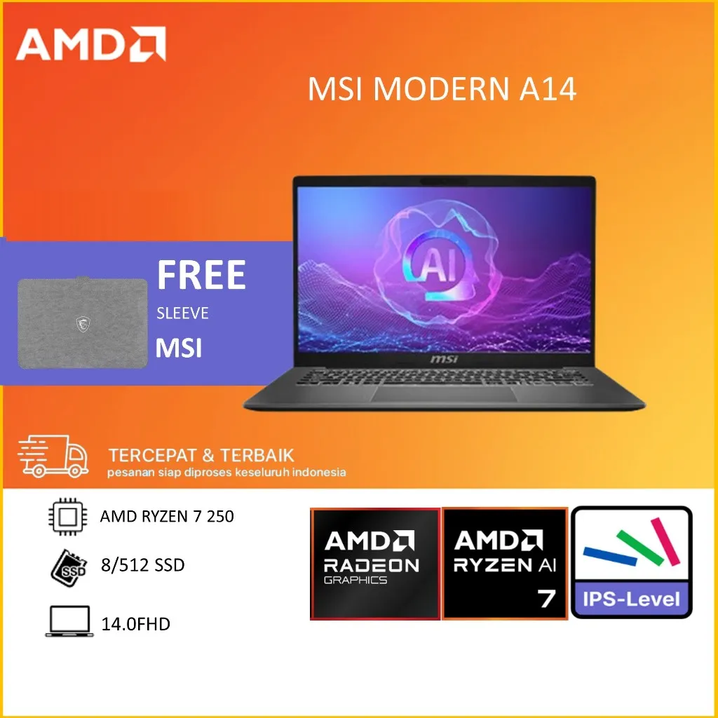 MSI MODERN A14 - AMD AI RYZEN 7 250 RAM 8GB 512GB W11+OHS 14.0FHD IPS - F2HMG.006