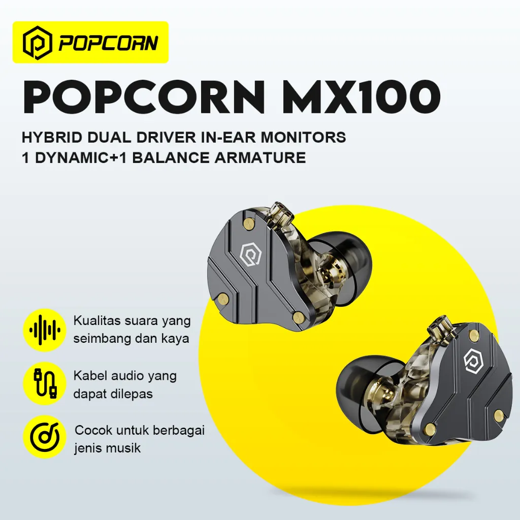 Popcorn MX100 Headphone berkabel  Headphone Unit Penggerak Ganda Hibrida Bass Hi-Fi Mikrofon internal Dengan fungsi pengurangan kebisingan Headphone yang dapat dilepas headphone in-ear headset gaming Headset Streaming Langsung