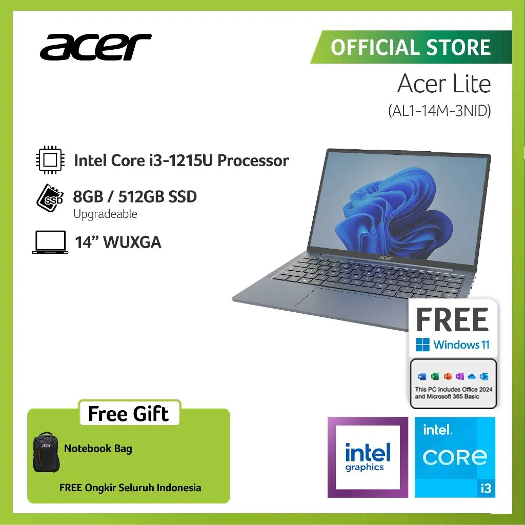 ACER LAPTOP LITE AL1-14M-3SID/3CID/3BID/3NID/3MID 14" WUXGA INTEL I3-1215U RAM 8GB STORAGE 512GB SSD INTEL UHD GRAPHICS WINDOWS 11