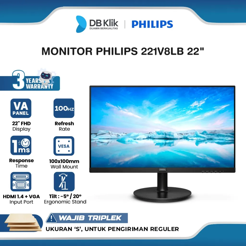 PHILIPS LED Monitor 221V8Lb 22" VA FHD 100Hz 1ms Adaptive Sync HDMI VGA