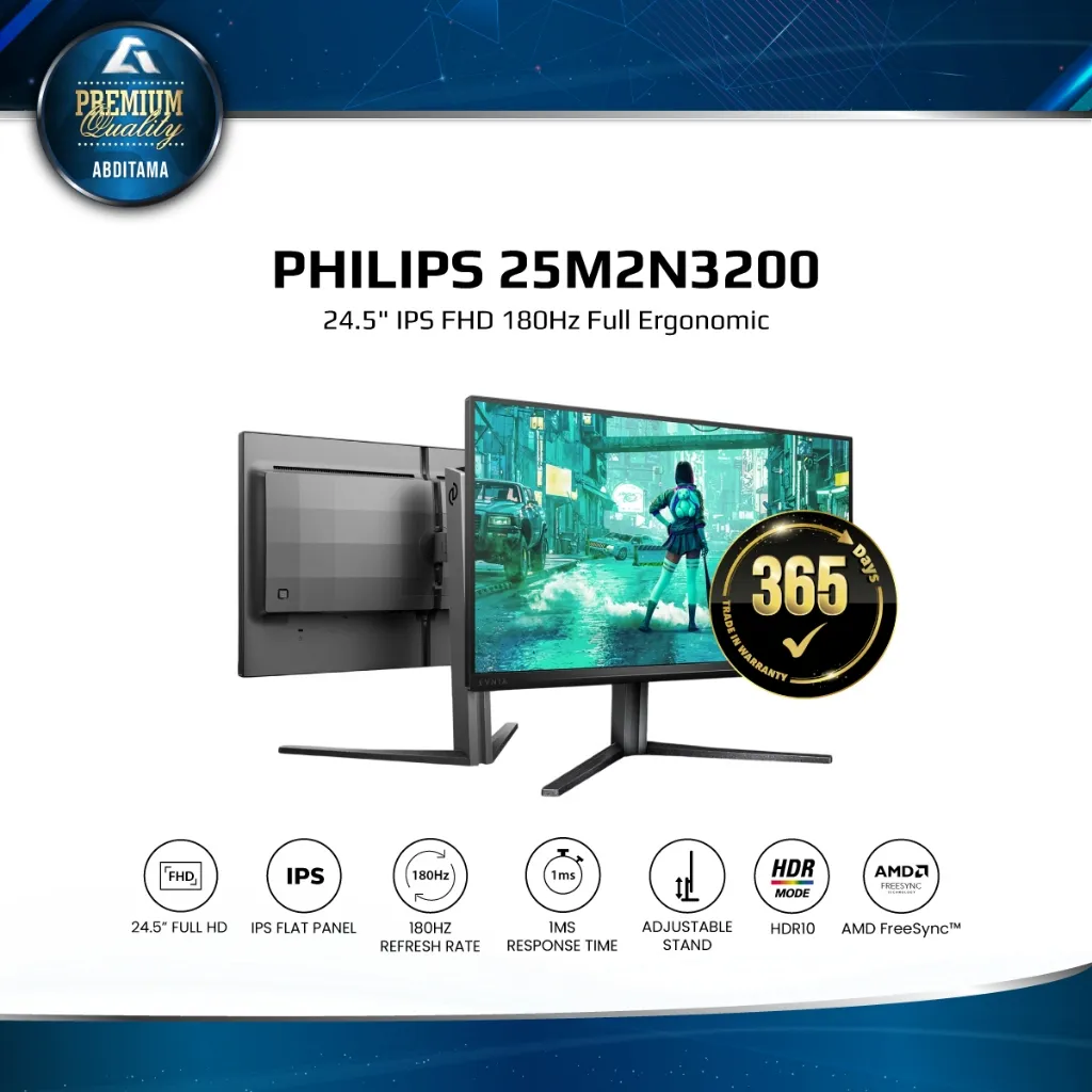 Monitor LED Gaming Philips EVNIA 3000 25M2N3200 24.5" IPS 1080p FHD 180Hz HDMI 2.0x2 DP 1.4x1 1ms HDR10 Full Ergonomic Stand LowBlue Mode FLicker Free