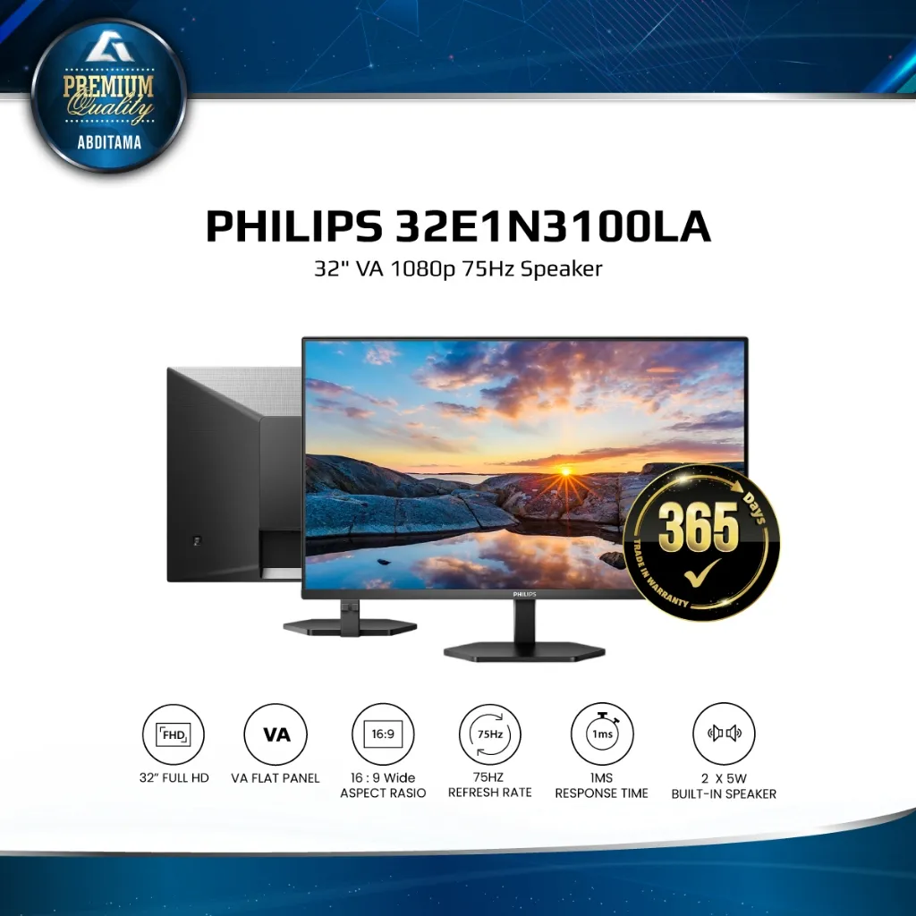 Monitor LED PHILIPS 32E1N3100LA 32" VA 1080p 75Hz VGA x1 HDMI 1.4x2 Speaker VESA 100x100mm Audio-in Audio Out Mega Infinity DCR