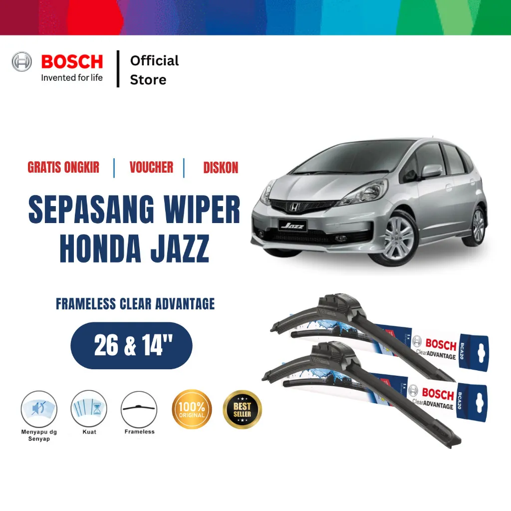 Bosch Sepasang Wiper Mobil Honda Jazz 2008-On Frameless Clear Advantage 26 dan 14 Inci