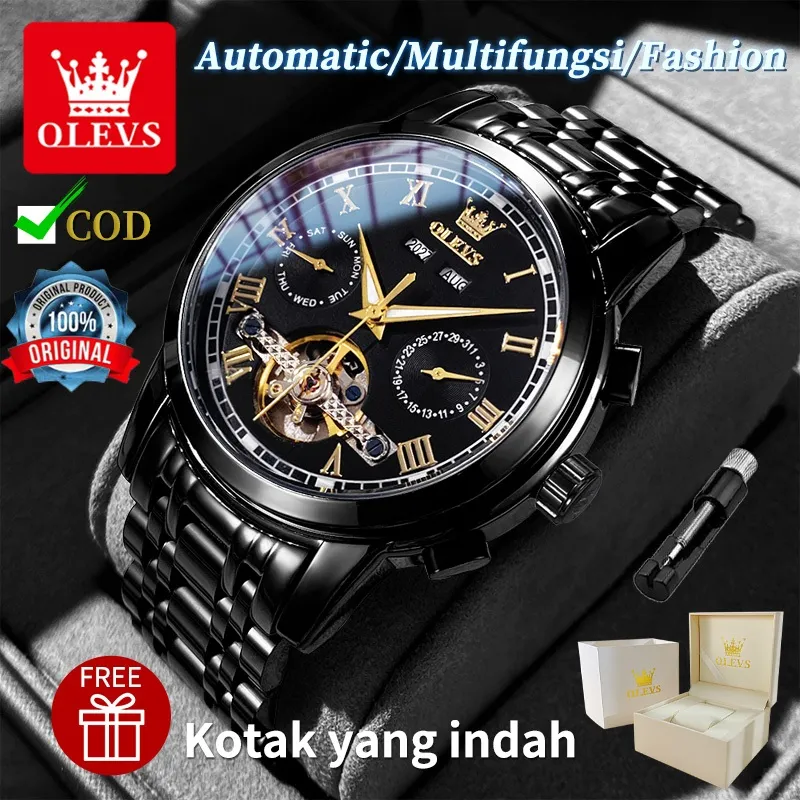 OLEVS Jam Tangan Automatic Pria Anti Air Original Tahan Keren Led Terbaru Luxury Stainless Watch Men