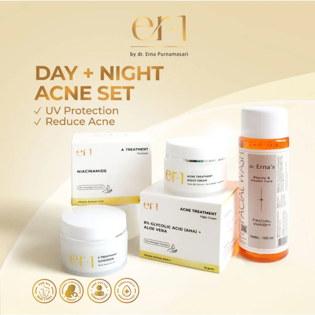 er-1 by dr. Erna Day & Night Cleanser Anti Acne Set 3 Pcs - Paket Skincare Jerawat - Night Cream Day Cream Sunscreen Facial Wash Cleanser-AT6