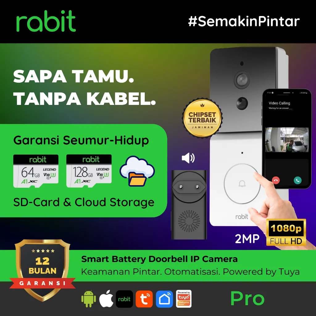 RABIT SMART DOOR BELL PRO BEL PINTU RUMAH BATERAI WIRELESS TANPA KABEL WATERPROOF FULL HD 2 MP ULTRA WIDE ANGLE 140 DERAJAT