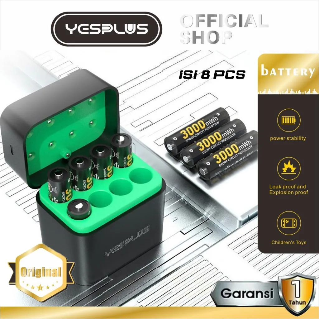 Baterai + Charging Case YESPLUS YS-940 (AA 8PCS)For Baterai isi Ulang AA 1.5V 3000mAh Li-ion Baterai