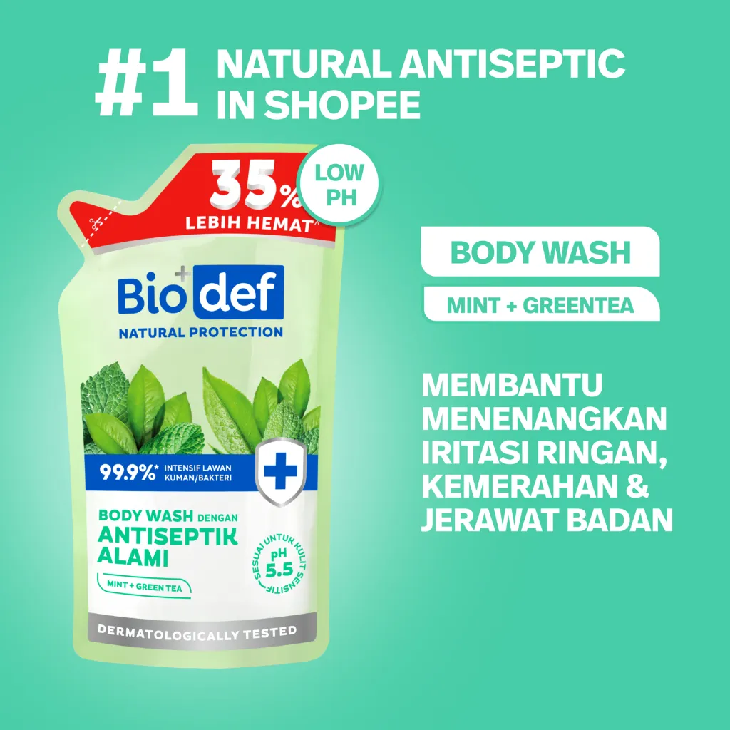 Biodef Antiseptik Body Wash Pouch Refill 800ml | Gentle Body Wash PH Balance 5.5 Antiseptik Natural I Sabun Mandi Pelembab Cocok Kulit Kering Sensitif | Jerawat Punggung I Bau Badan I Salicylic Acid I No SLS I Calming Fragrance