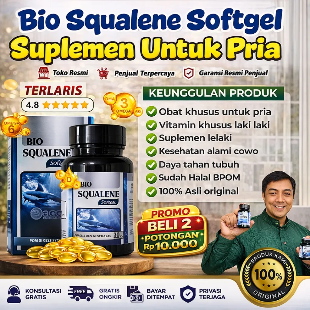 Bio Squalene Vitamin Khusus Laki laki Obat Pria Suplemen Kesehatan Lelaki Minyak Ikan Omega 3 DHA EPA Vitamin A D E K Isi 30 Softgel Fish Oil Sudah Halal BPOM Asli Original