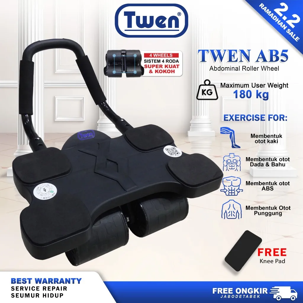 TWEN Ab Wheel Ab Roller Wheels Plank Trainer Abdominal Core Roller Automatic Fitness Perut Multifungsi