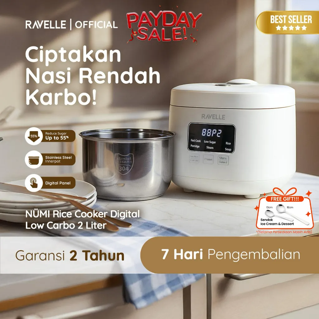 Ravelle NUMI Rice Cooker Digital Low Carbo 0.8 Liter Nasi (2 Liter) - Penanak Nasi Low Watt ( Stainless Steel inner Pot )