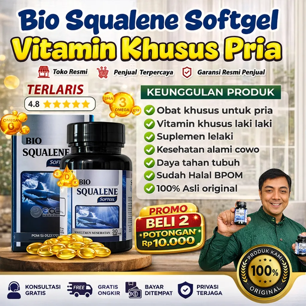 Bio Squalene Obat Pria Vitamin Khusus Laki laki Suplemen Kesehatan Lelaki Minyak Ikan Omega 3 DHA EPA Vitamin A D E K Isi 30 Softgel Fish Oil Sudah Halal BPOM Asli Original