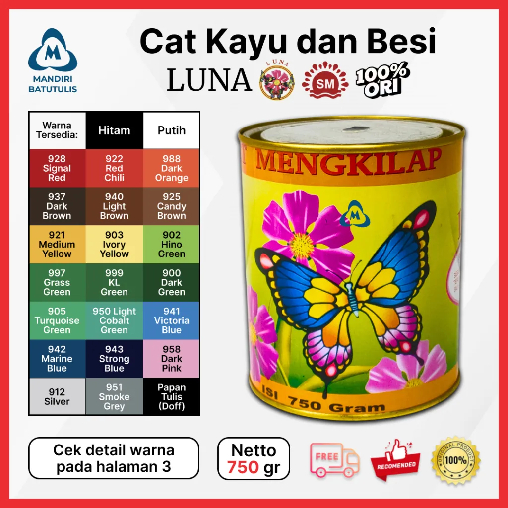 Cat Kayu Besi LUNA 750gram - Cat Minyak High Gloss Mengkilap Cat Kaleng 1kg Anti Karat Tahan Cuaca