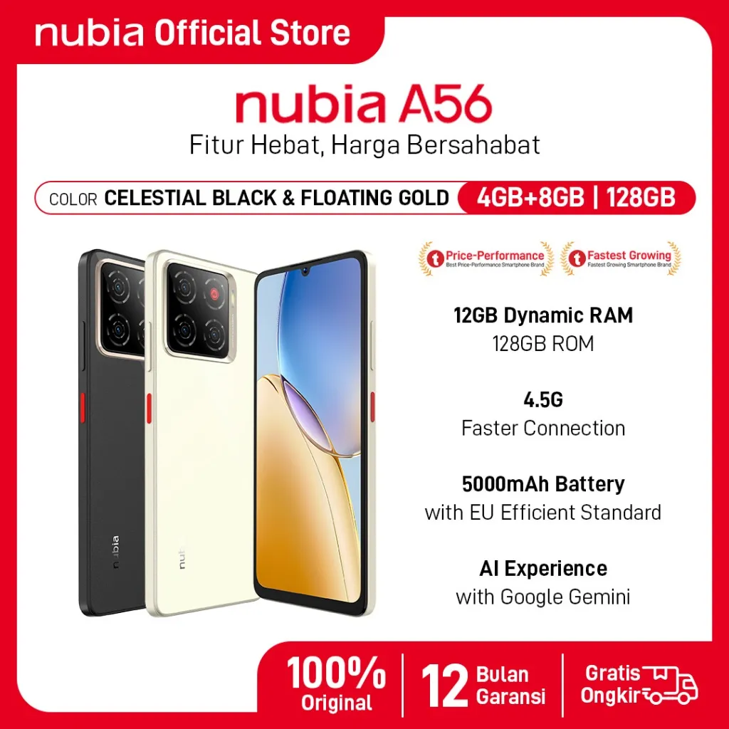 Handphone nubia A56 ROM 128GB RAM 12GB (4+8GB) Smartphone Kamera AI 13MP Triple Camera Layar 6.75" 90Hz, Baterai 5000mAh Fast Charging