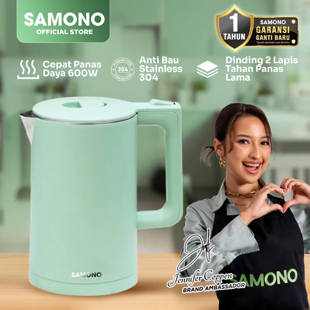 SAMONO Teko Listrik 2 Liter Electric Kettle Stainless Steel 304 Food Grade Pemanas Air Cepat Panas 600 Watt Kapasitas Besar Double Layer Anti Panas Dudukan Anti Slip Teko Air Minum Estetik Green EKS17B