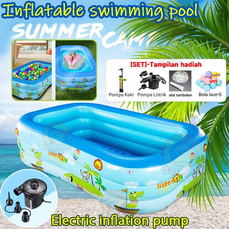 Gratis pompa + bola*5 Kolam Renang Anak dan Bayi jumbo Tiup Karet Besar Family Inflatable Swimming Pool Luar Ruangan 305cm/260cm/200cm kolam renang anak jumbo petak karet bahan tebal 2.1M kolamrenang anak besar murah Inflatable Swimming