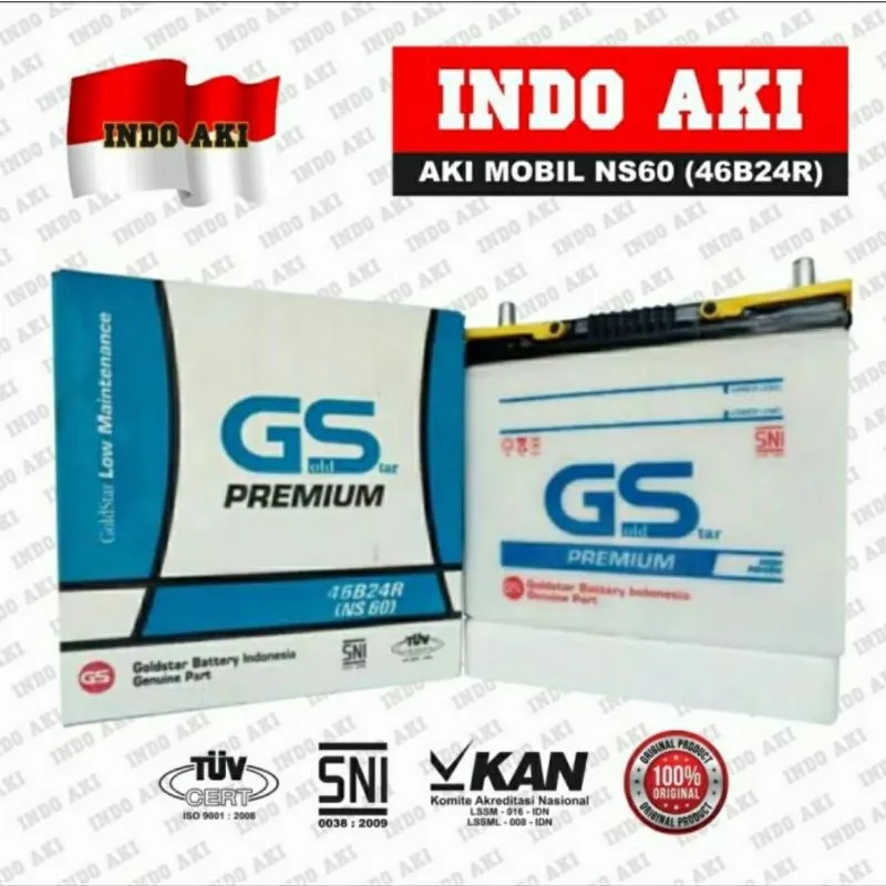 (GS NS60) Aki Mobil NS60 46B24R 12V 45Ah Avanza Veloz Rush Starlet HiLux Swift Carry APV SX-4 Katana Sidekick Escudo Grand Vitara Esteem Xenia Zebra Taruna Terios Gran Max Feroza Outlander Mirage Maven T120SS L-300  Vantrend Gold Star Premium (GS NS60)