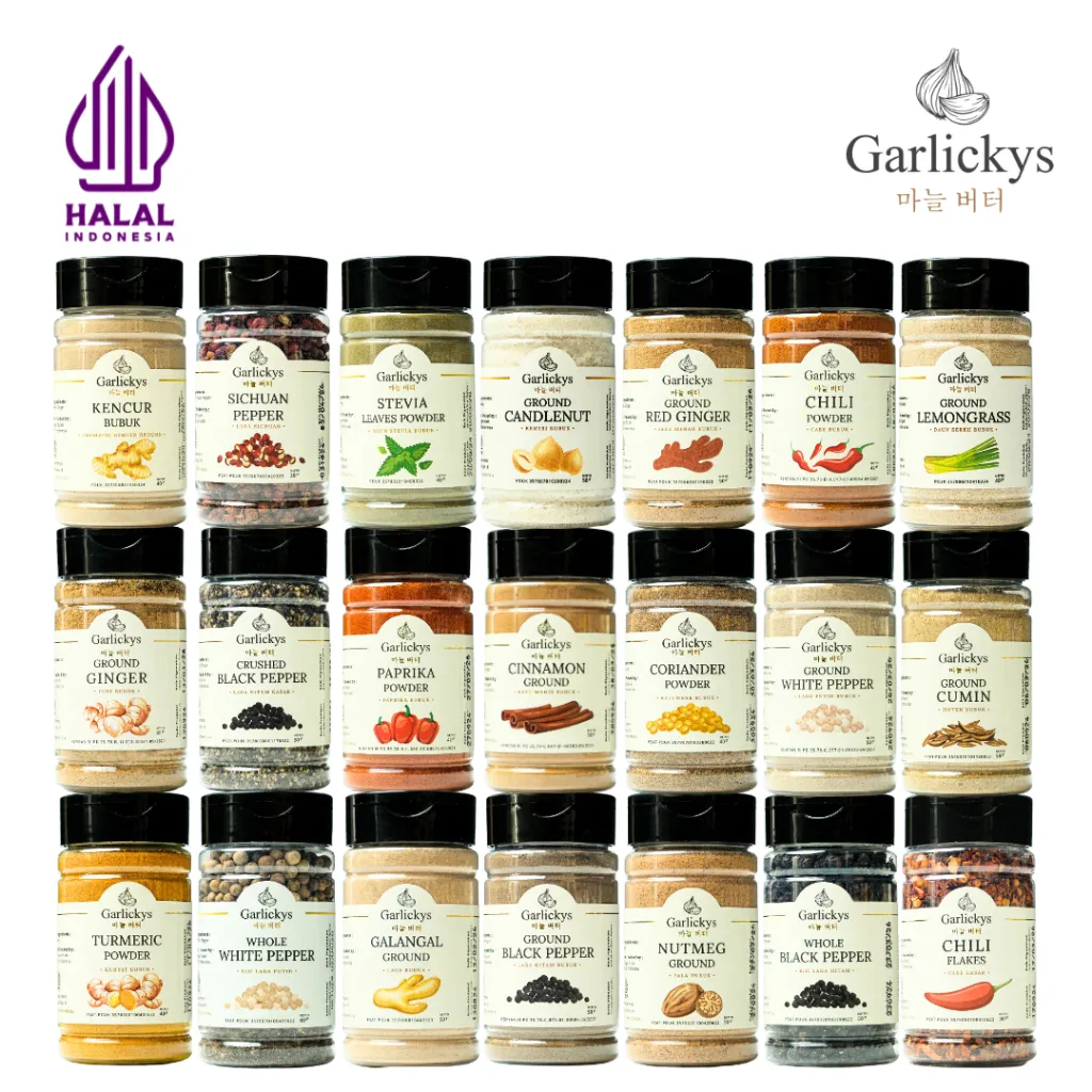 GARLICKYS Bumbu Dapur Bubuk Lengkap Bawang Putih Lada Hitam Putih Oregano Pala Kunyit Ketumbar Kemiri Cabe Jahe Merah Bombay Paprika Parsley Italian Herbs Kering Ngohiong Gohyong Kayu Manis Wijen Chia Seed Bumbu Masak