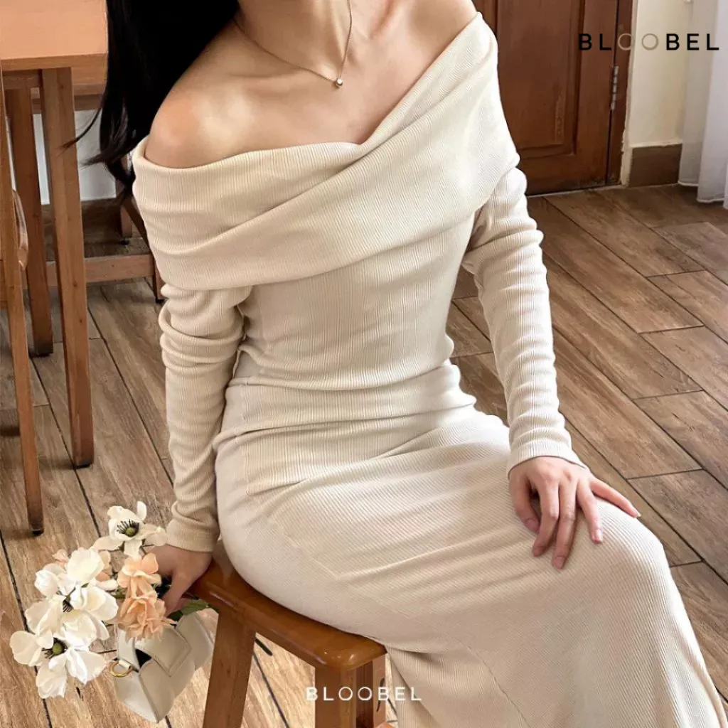 [FOTO ASLI BAHAN ADEM DINGIN] Bloobel - Juliette Dress ( DRS115 ) Sabrina Ribbed Knit Dress Long Sleeve Pakaian Wanita Off Shoulder