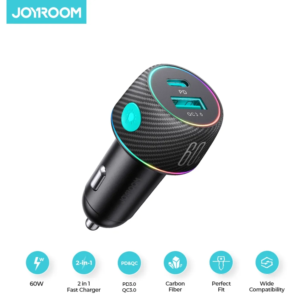 JOYROOM CCN01 Car Charger Multi Color 60W 1A+1C with Light Button