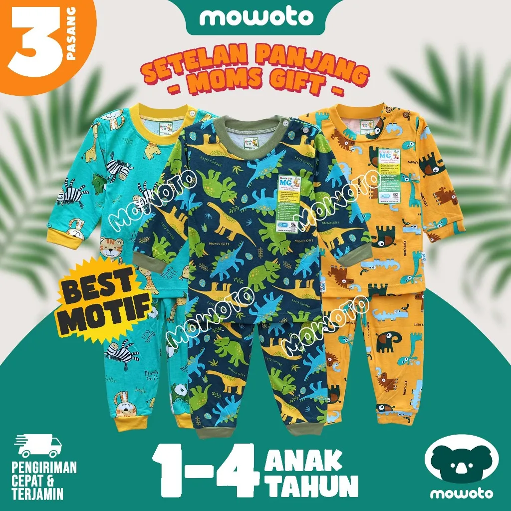 [ 3 Setel ] Setelan Moms Gift PANJANG Terbaru ( 0-4 tahun ) Setelan Piyama Baju Tidur Anak - Mowoto