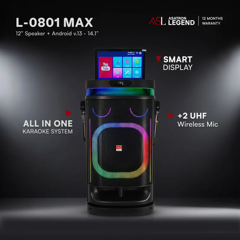 Asatron Legend Partyhub L-0801 MAX Smart Karaoke Speaker 12” + Android 14.1” Touch Screen, Mega Bass, 2 UHF Mic, Youtube Ready