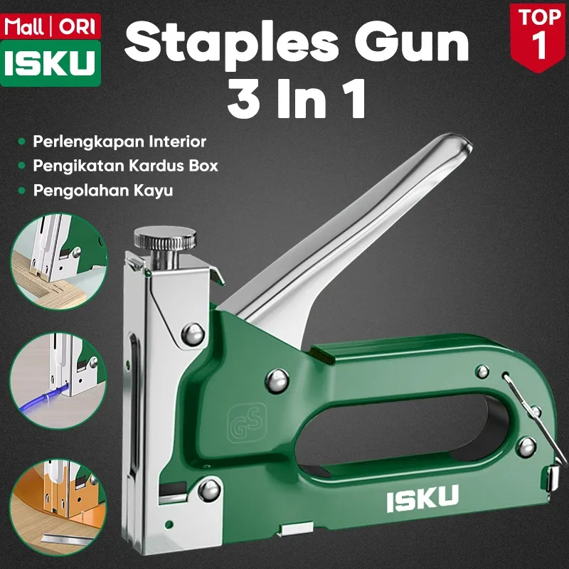 ISKU Staples Tembak 3 in 1 Heavy Duty Gun Tacker Besi Hekter Tembak Jok Motor Kayu Spanduk Kabel Staple Gun Manual Tembakan Paku Tembok Triplek Alat Dekorasi Pelapis Sofa Adjustable Power Stapler Gun 3in1 Anti Macet Staples U T D