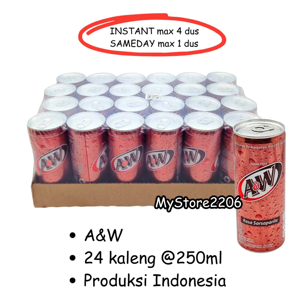 Minuman Kaleng Soda / Soft Drink Sarsaparila merek A&W / AW 24x250ml (1 dus)