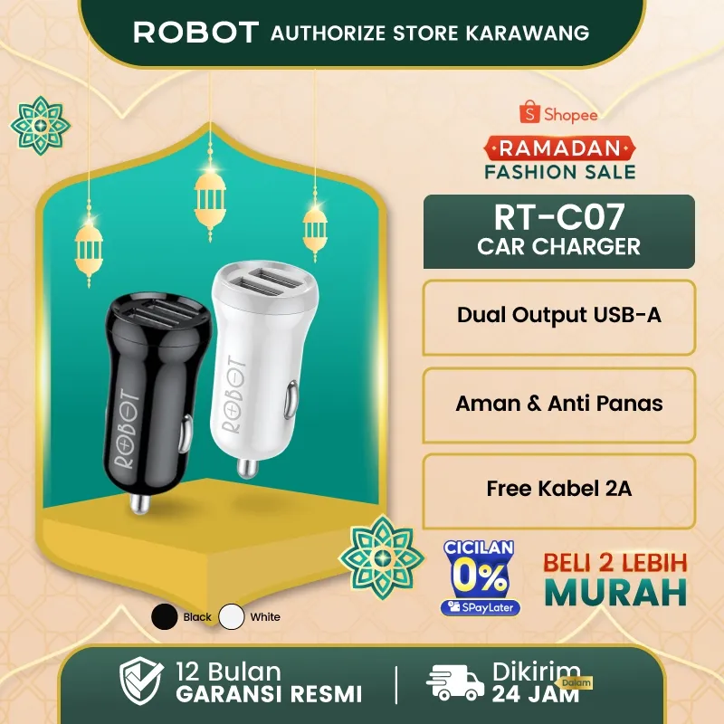 ROBOT Car Charger RT-C07 Charger Mobil Portable 2 Port USB 2.4A Free Kabel Micro Fireproof Shell