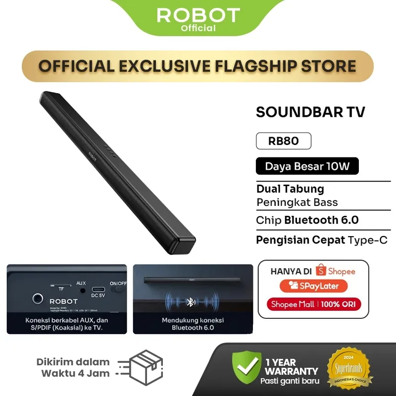 ROBOT Speaker Soundbar Home Theater Speaker TV Bluetooth 6.0 Dual Connection Ultra-compact Design RB80 Original - Garansi Resmi 1 Tahun