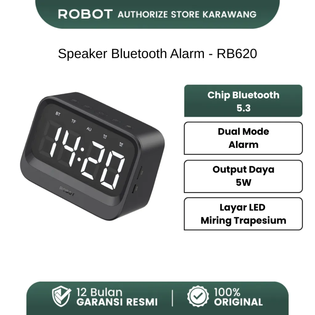 ROBOT Speaker Bluetooth Alarm LED Digital Clock Jam Meja Dual Smart Alarm Portabel BT 5.3 ROBOT RB620 - Garansi 1 Tahun