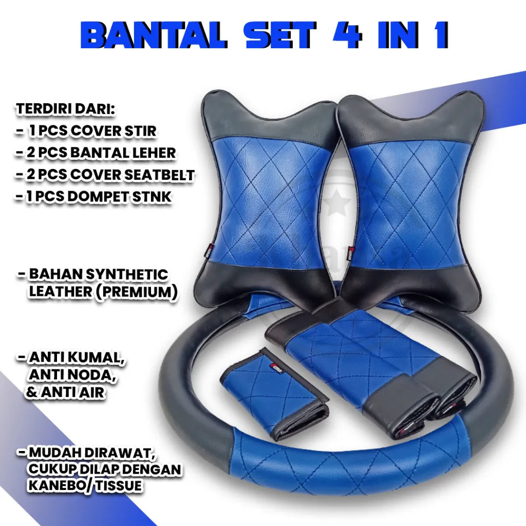 Set Bantal Mobil 4 in 1 Premium Bantal Cover Seatbelt Sarung Stir Dompet STNK