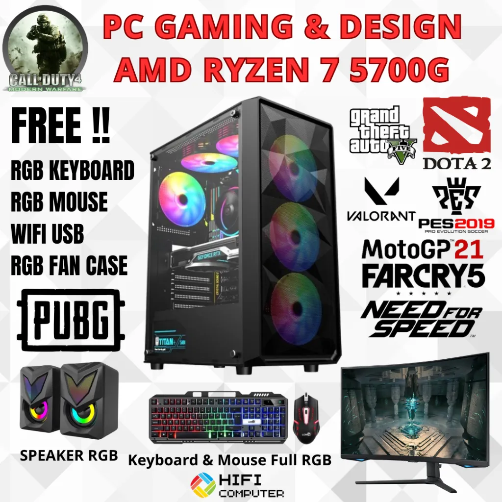 PC GAMING & DESIGN FULLSET AMD RYZEN 7 5700G RAM 32GB SSD NVME 1TB VGA RADEON 2GB SIAP PAKAI