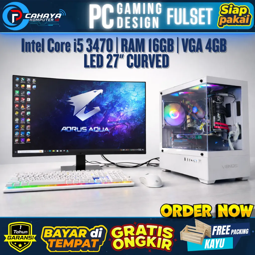 PC Gaming Design Full Set Intel I5 3470 | RAM 16GB | SSD 128GB | VGA 4GB | MONITOR LED 27" CURVED
