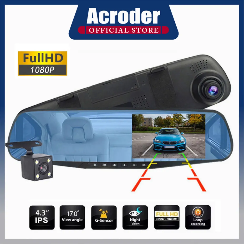 Acroder Dash Cam Mobil 4.3 Inch HD 1080P Front Rear Loop Recording G-sensor