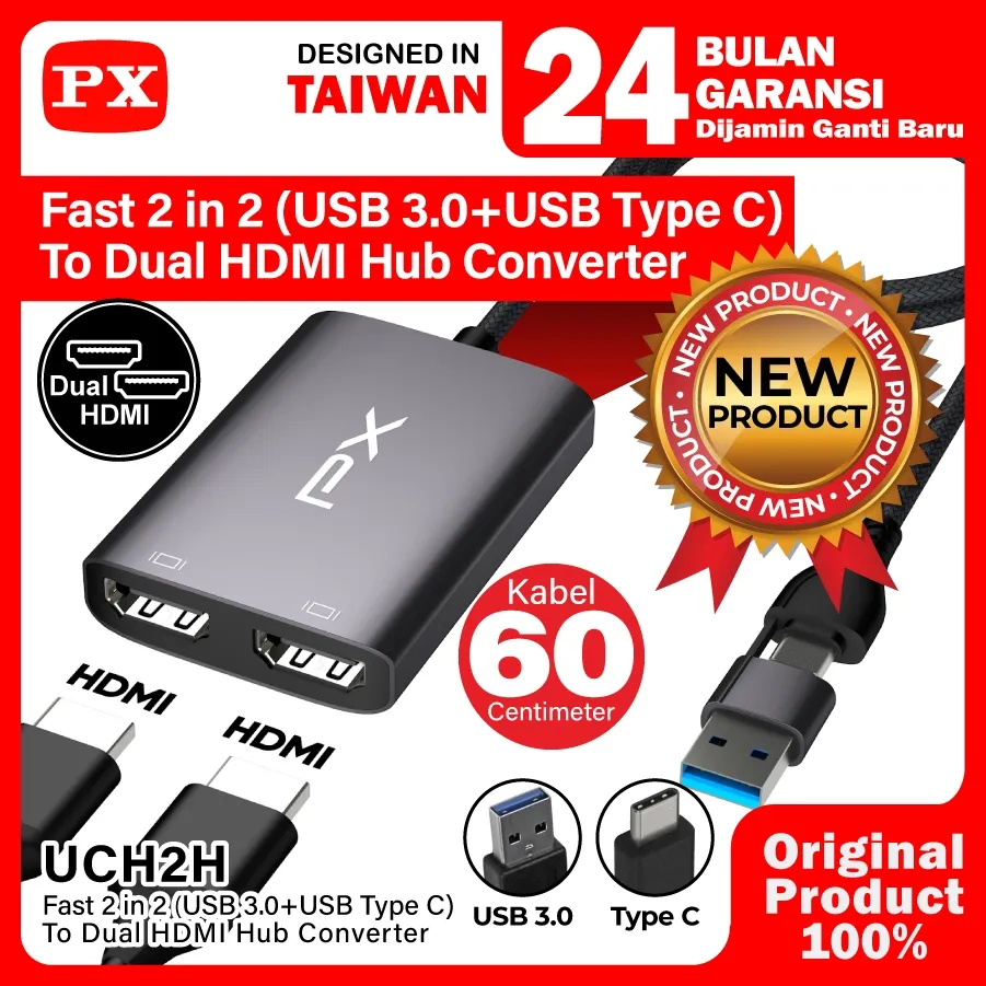 USB 3.0 USB Type C Hub Converter ke 2 Display Layar PX UCH2H