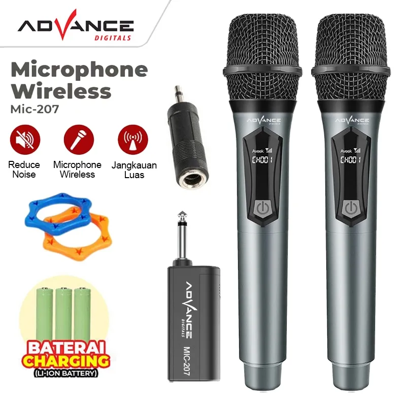 Advance Double Mic Karaoke Wireless Microphone Suara Jernih BONUS Baterai Cas 3 Pcs MIC207/MIC-207