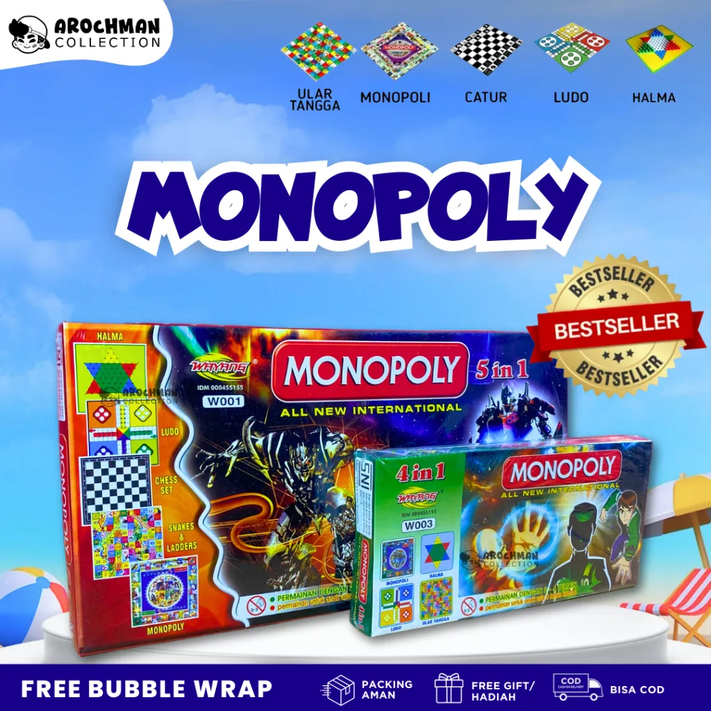 Monopoli 5 in 1 Dan 4 in 1 – Mainan Klasik Anak, Ludo, Ular Tangga, Catur