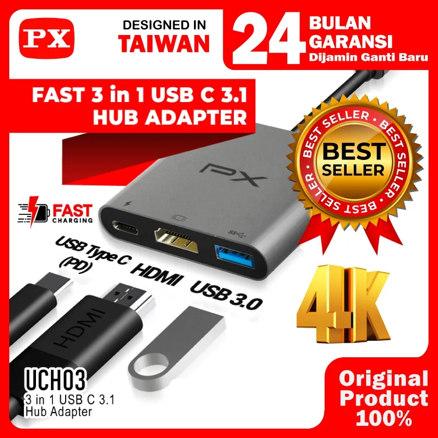 Converter Hub Adapter 3in1 USB Type C 3.1 to USB 3.0 4K HDMI PX UCH03