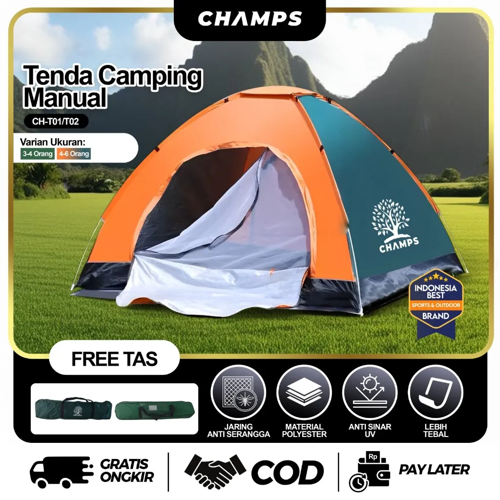 CHAMPS Tenda Camping Dome 2x2x1.5m – Tenda Gunung Camo untuk 4-6 Orang, Perlu Dirakit Manual
