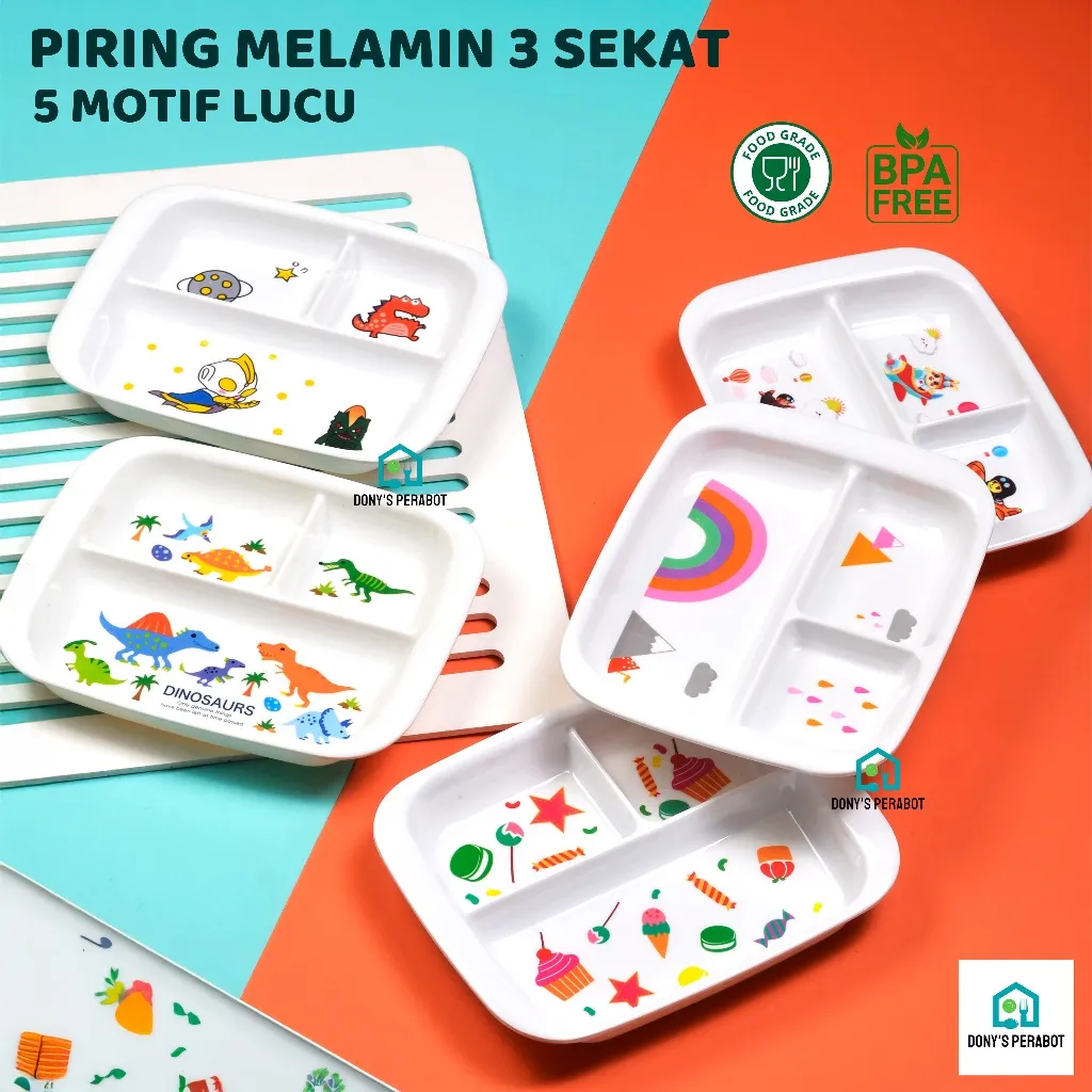 Piring Melamin Asli Anak Tiga Kisi Ultra Dino (Motif Tidak Pudar) Lucu Piring Sekat Tebal Anti Pecah