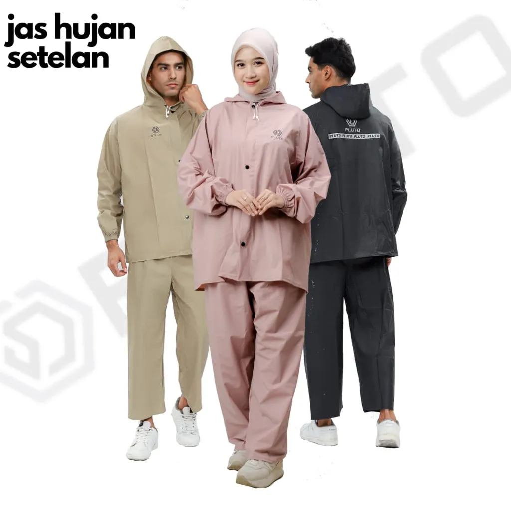 Jas Hujan Raincoat Anti Rembes Pria Wanita Setelan Celana Bahan PVC 0.25 Tebal Kuat Elastis Original BY PLUTO