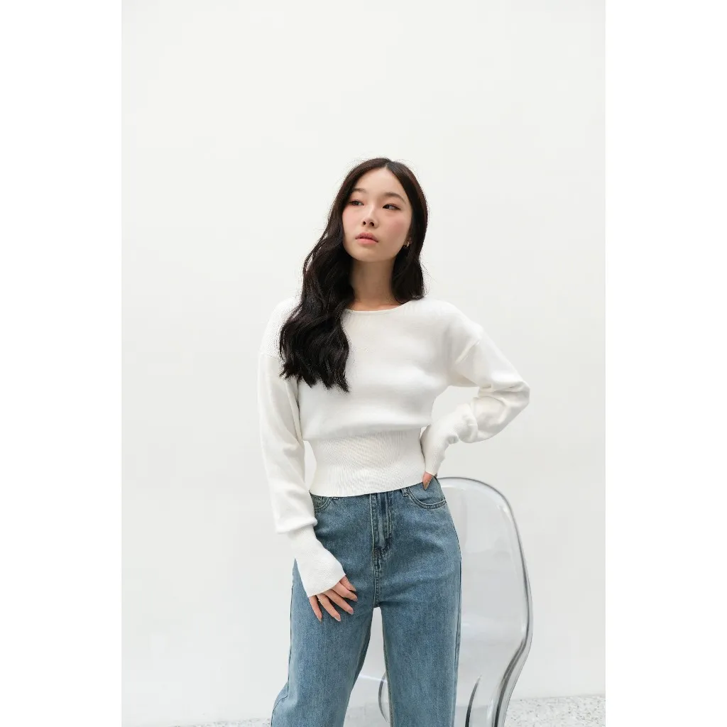 Kiyorawears - Dune Knit Round Neck Top / Hijab Friendly / Premium Knit Wanita / Atasan Wanita Kekinian / Hijab Version Blouse Wanita / Atasan Basic Rajut / Baju Lengan Panjang / Long Sleeve Crop Top / Sweater Knit / Korean Style