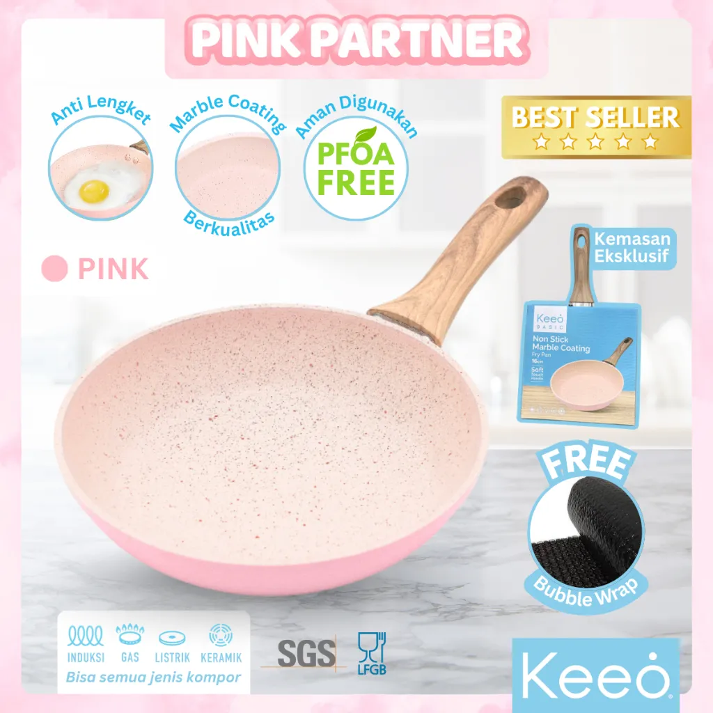 Keeo 16 cm Wajan Teflon Penggorengan Anti Lengket Marble Granit Alat Masak Frypan Pink
