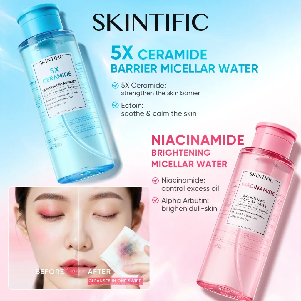 [SKINTIFIC Resmi]- Birgtening /5X Barrier Micellar Water 400ml Untuk Semua Kulit Lembut cleansing oil Penghapus Makeup Waterproof Hapus Riasan Tahan Air dengan Centella dan Tanpa Iritasi untuk Kulit Sensitif dan Berj
