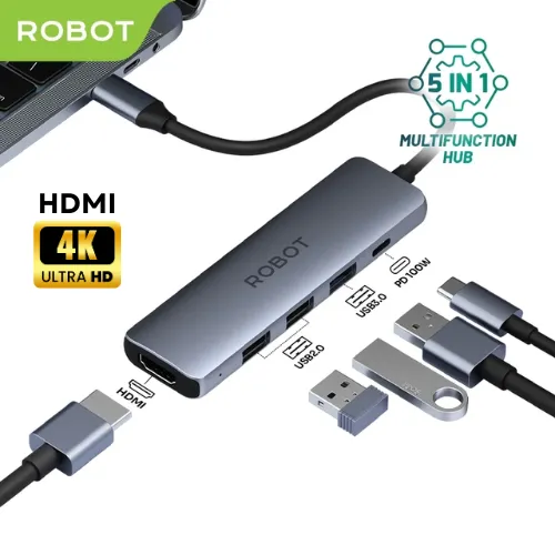 ROBOT USB 5 in 1 Converter Type C Hub 4K HDMI Ultra HD Adapter Port to USB 3.0 HDMI TF/SD Card Ethernet Audio PD100W Pengisian Cepat Adapter Portable Laptop Konverter Macbook ke TV Original Garansi 12 Bulan - HT350