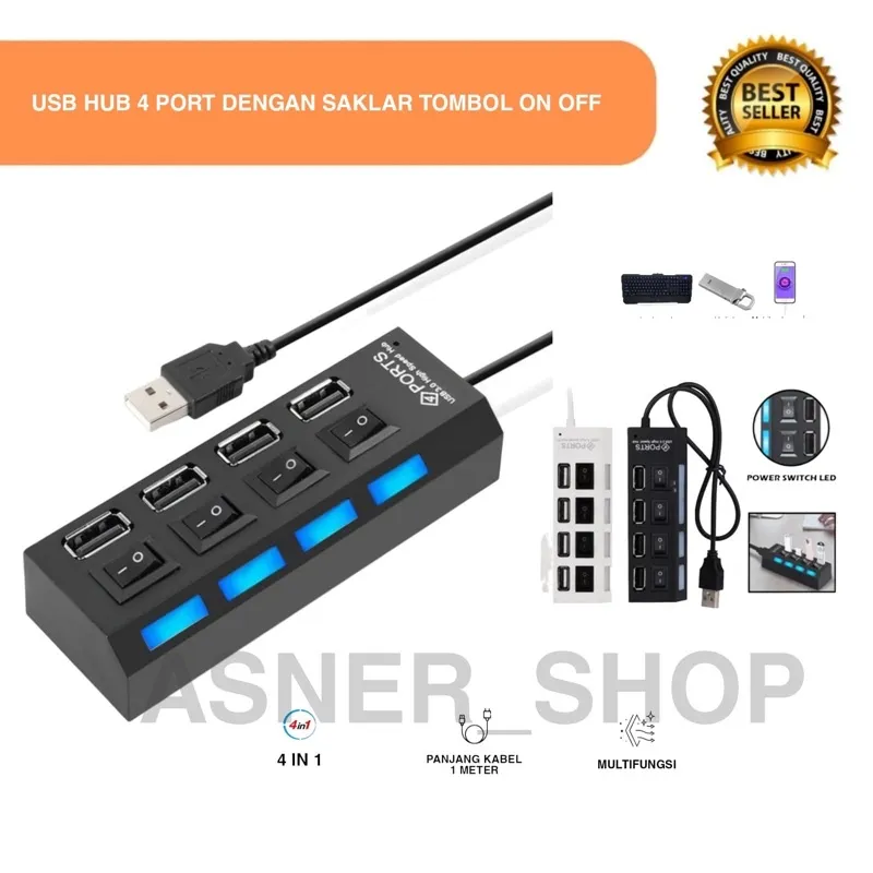Saklar Tombol ON OFF Lampu LED USB HUB 4 - 7 port Ports Switch 4in1 Sambungan Listrik Kabel Adaptor Charger Batok